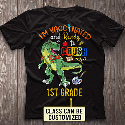 Alternative view of Personalized Name I'm Vaccinated and Ready to Crush T Rex T-Shirt - Funny Back to School Youth Tee