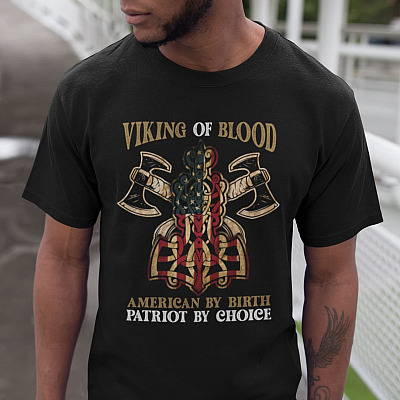 Alternative view of Viking By Blood American By Birth Patriot By Choice American Flag T-shirt - Viking Hammer Mjolnir Shirt