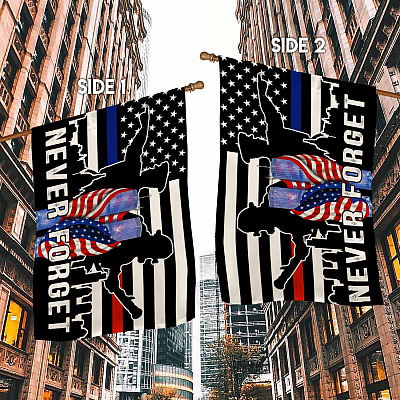 Alternative view of 911 Never Forget Policeman Law Enforcement Firefighter Garden Flag-9/11 Patriot Day House Flag