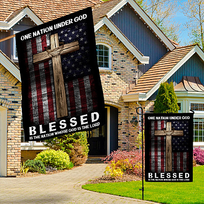 Alternative view of Vintage American Flag Cross One Nation Under God House Flag - Blessed Is the Nation Whose God Is the Lord Garden Flag