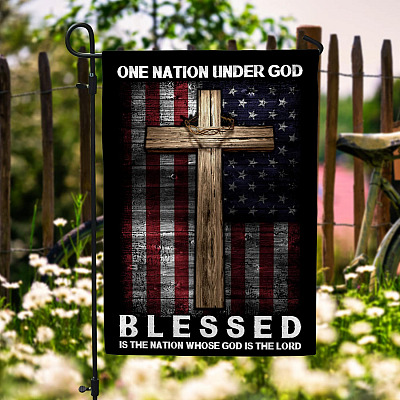 Vintage American Flag Cross One Nation Under God House Flag - Blessed Is the Nation Whose God Is the Lord Garden Flag