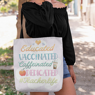 Alternative view of Educated Vaccinated Caffeinated Dedicated Teacher All Over Print Tote Bag - Shoulder Bag - Reusable Grocery Shopping Bag