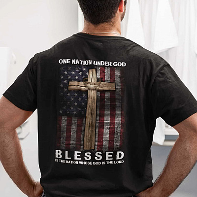 Alternative view of Vintage American Flag One Nation Under God Print on Back T-Shirt - Blessed Is the Nation Whose God Is the Lord Shirt
