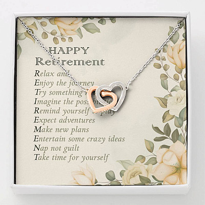 Happy Retirement Take Time For Yourself Interlocking Hearts Pendant Necklace - Farewell Goodbye Jewelry Gifts - Interlocking Hearts Necklace