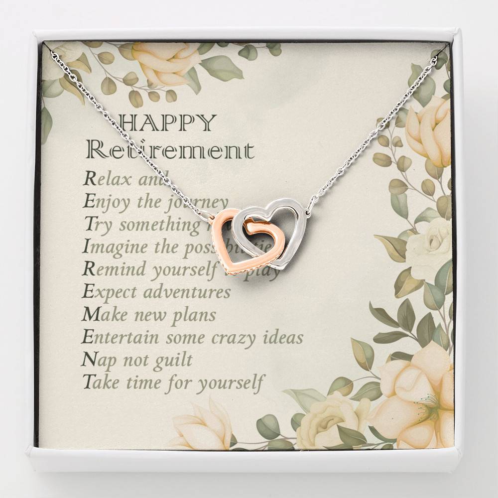 Happy Retirement Take Time For Yourself Interlocking Hearts Pendant Necklace - Farewell Goodbye Jewelry Gifts - Interlocking Hearts Necklace