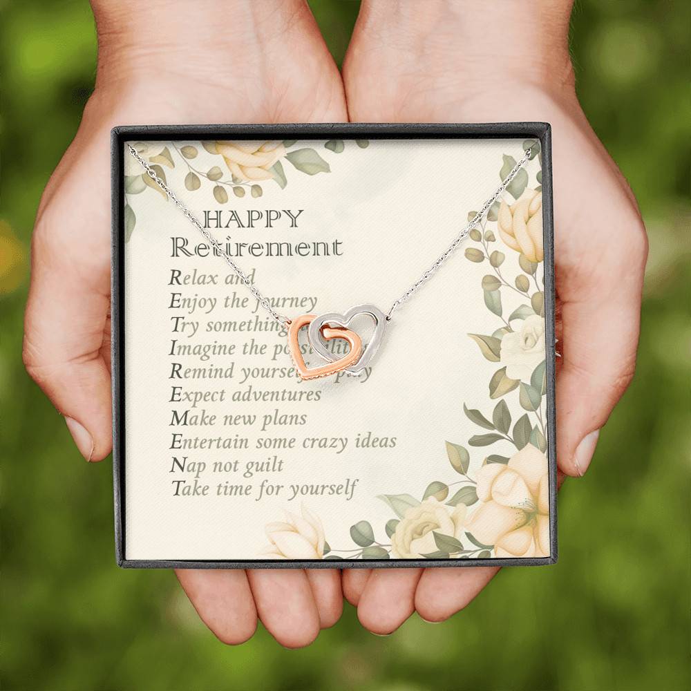 Happy Retirement Take Time For Yourself Interlocking Hearts Pendant Necklace - Farewell Goodbye Jewelry Gifts