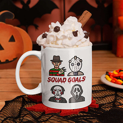 Squad Goals Mug - Funny Halloween Mug, Freddy Jason Saw Scream Mug - Thriller Scary Horror Movie Mug