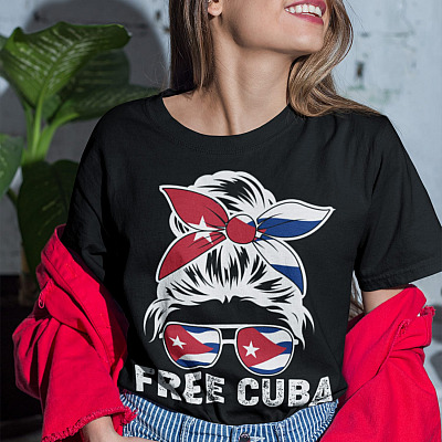Alternative view of Messy Hair Woman Bun Free Cuba Flag Patria Y Vida Sos Cuban T-Shirt - V-Neck Tee