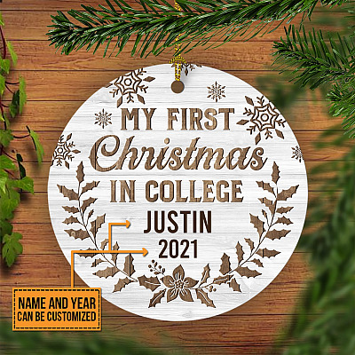 Alternative view of Personalized Name and Date First Christmas in College Decorative Christmas Ornament Keepsake - Flat Circle Ornament