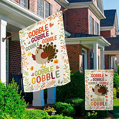 Alternative view of Gobble Gobble Turkey Garden Flag - Happy Thanksgiving House Flag - Welcome Fall Wall Flag