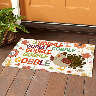 Alternative view of Gobble Gobble Happy Turkey Day Thanksgiving Indoor Outdoor Decorative Doormat