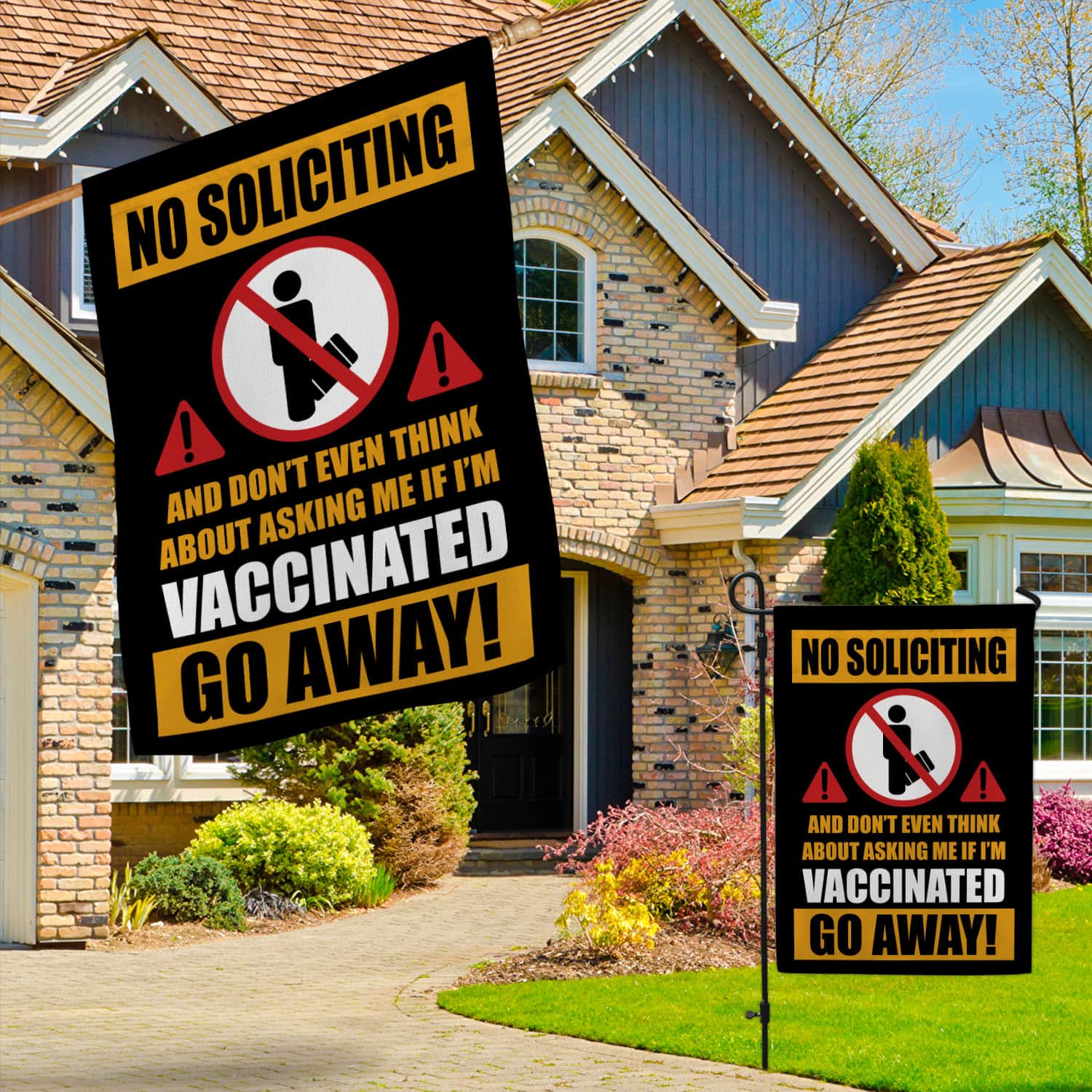 1O. No Soliciting Flag-30x40 Garden & House Mockup 3