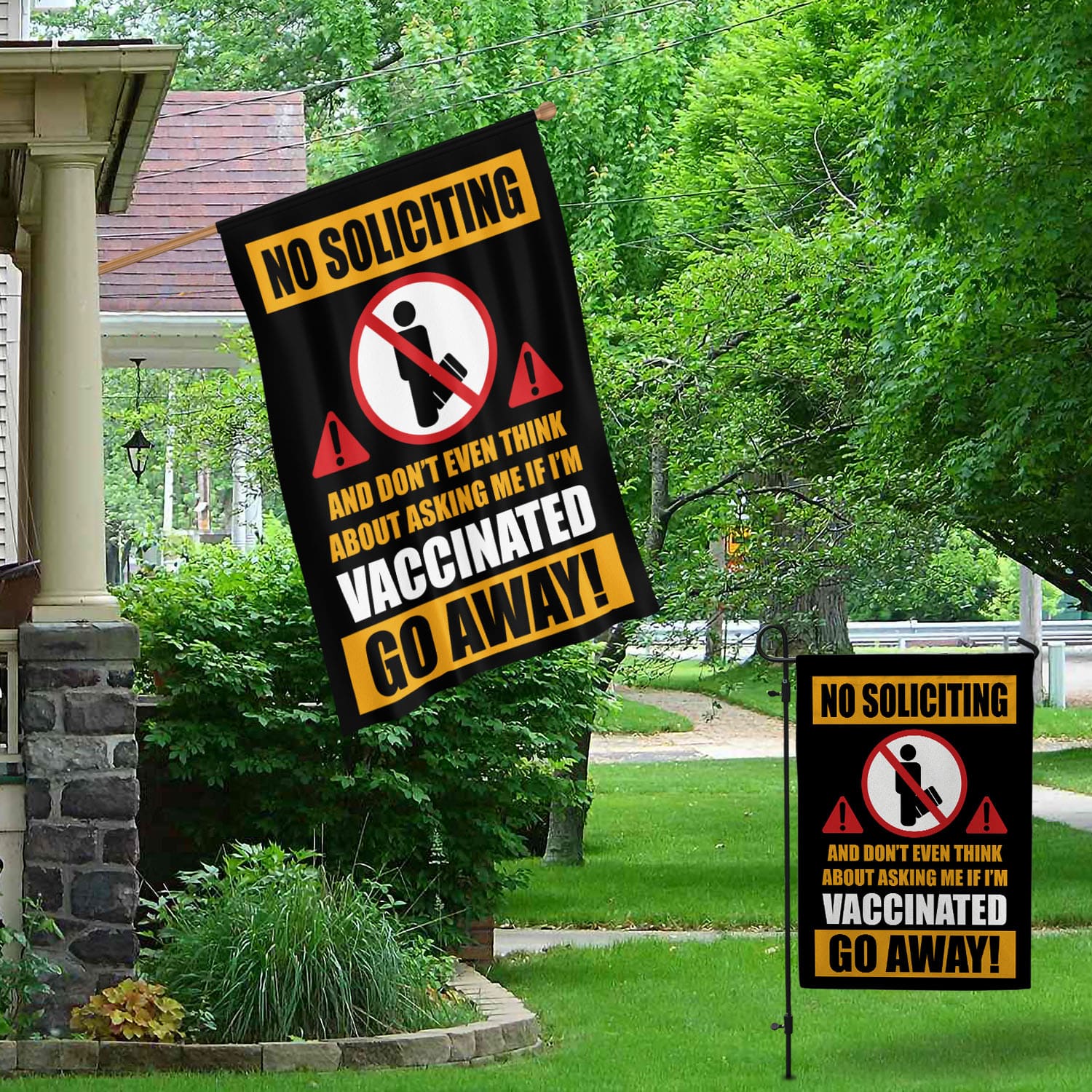 1O. No Soliciting Flag-30x40 Garden & House Mockup 1