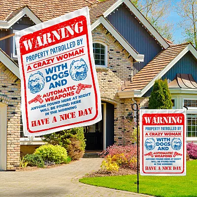 Alternative view of Guns Warning Property Patrolled By A Crazy Woman With Dogs And Automatic Weapons Garden Flag - House Flag