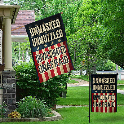 Alternative view of Unmasked Unmuzzled Unvaccinated Unafraid Decorative Garden Flag - Indoor Outdoor Flag - House Flag