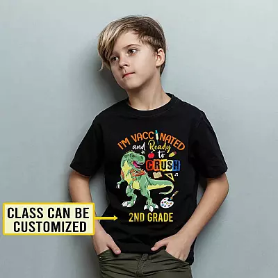 Personalized Name I'm Vaccinated and Ready to Crush T Rex T-Shirt - Funny Back to School Youth Tee