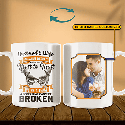 Custom Photo Husband And Wife Not Always Eye To Eye We're A Team Ceramic Coffee Mug-Beer Stein-Water Bottle