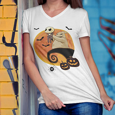 Alternative view of Nightmare Before Christmas Jack Skellington T-Shirt - V-Neck - Youth Tee - Jack O Lantern Shirt