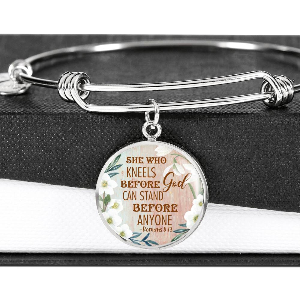She Who Kneels Before God Can Stand Before Anyone Romans 8:31 Circle Pendant Necklace