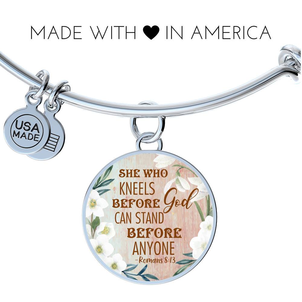 She Who Kneels Before God Can Stand Before Anyone Romans 8:31 Circle Pendant Necklace