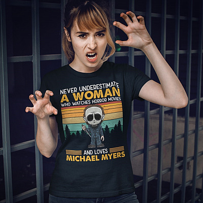 Alternative view of Never Underestimate a Woman Who Watches Horror Movies and Loves Michael Myers T-Shirt - Halloween V-Neck Shirt