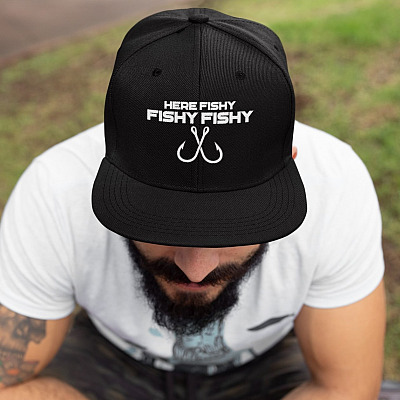 Here Fishy Fishy Fishy Twill Cap - Fishing Hook High-Profile Snapback Hat - Fishing Lover Trucker Hat