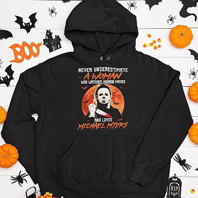 Alternative view of Never Underestimate a Woman Who Watches Horror Movies Hoodie -  Michael Myers Long Sleeve - Halloween Gift for Girls