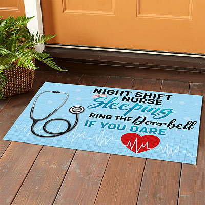 Alternative view of Night Shift Nurse Sleeping Ring The Door Bell If You Dare Indoor Doormat - Funny ER Nurse Outdoor Door Mat