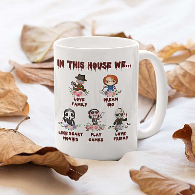 In This House We Horror Love Family Dream Big Coffee Mug - Friends Horror Movie Characters Travel Bottle