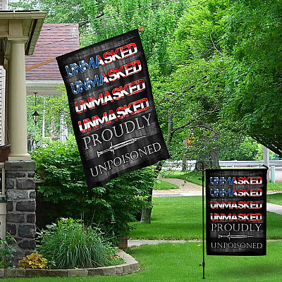Alternative view of Funny Sarcastic Saying No Vaccine Flag - Unmasked Unmuzzled Unvaccinated Unafraid Outdoor Decorative Flag