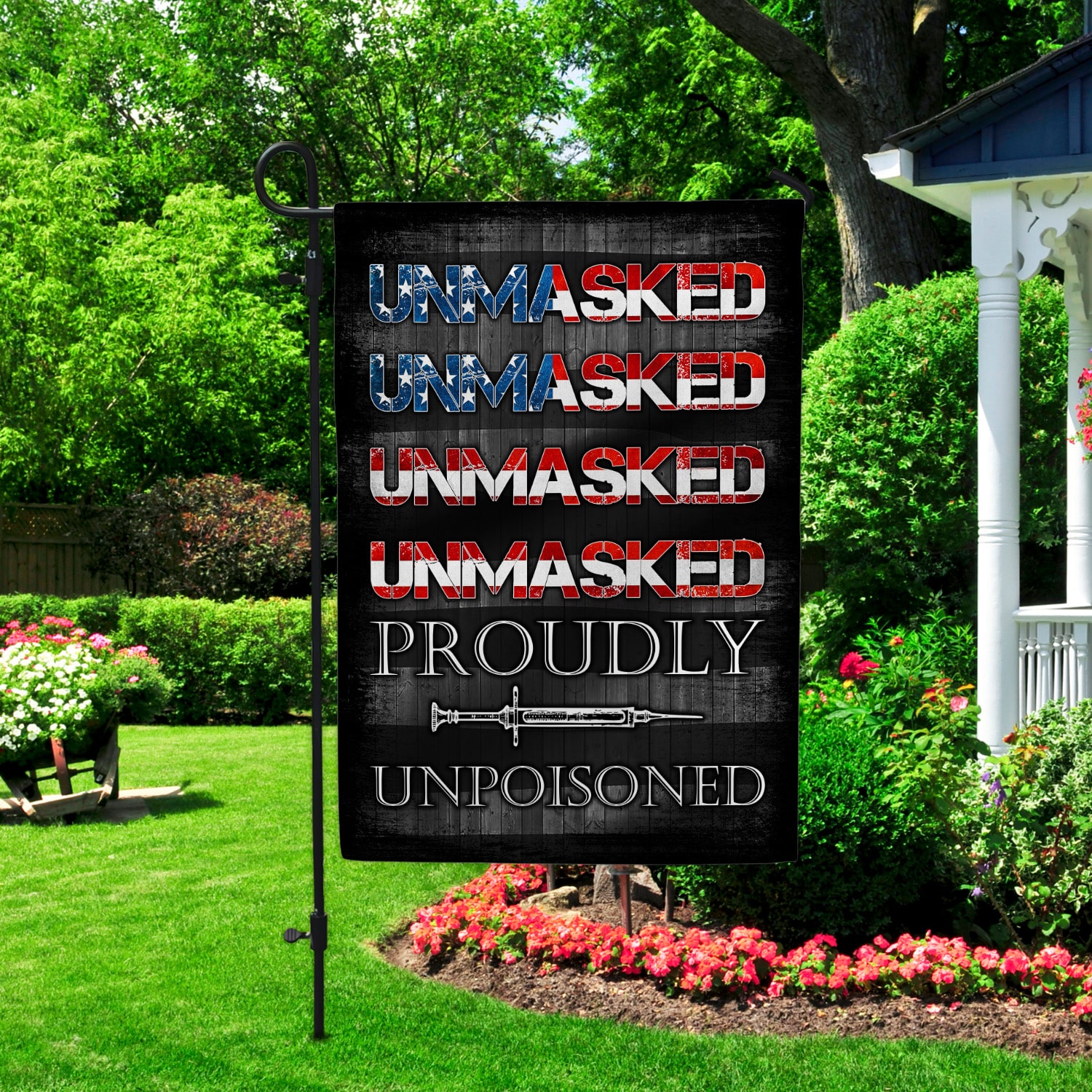 5KT. Unmasked Unmuzzled 30x40 Garden Flag Mockup 2