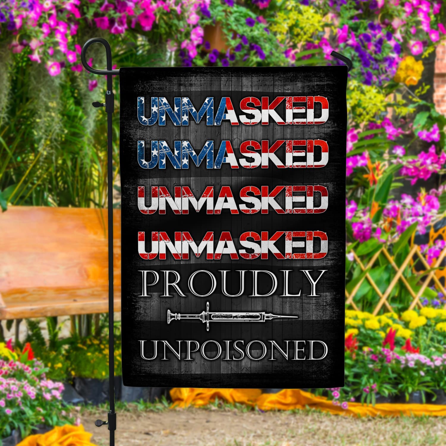 5KT. Unmasked Unmuzzled 30x40 Garden Flag Mockup 4