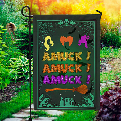 Halloween Hocus Pocus Amuck Outdoor Indoor Decorative Garden Flag - House Flag - Wall Flag - Witch Broom Flag