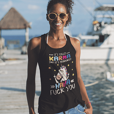 Alternative view of It's Called Karma and It's Pronounced Haha Fuck You Funny Cotton Tank Top Tee - Ladies Racerback Tank