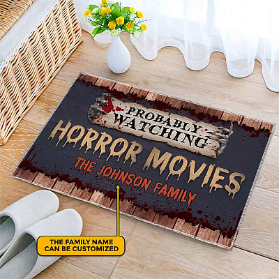 Alternative view of Personalized Probably Watching Horror Movies House Doormat - Custom Family Name Halloween Outdoor Indoor Doormat
