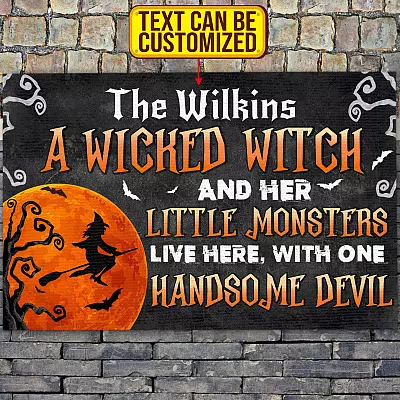 Personalized A Wicked Witch And Her Little Monsters Live Here With One Handsome Devil House Doormat - Outdoor Doormat