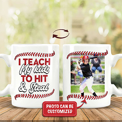 Alternative view of Personalized Photo I Teach My Kids To Hit And Steal Funny Baseball Ceramic Coffee Mug - Travel Mug - Water Bottle