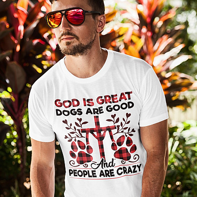 Alternative view of God Is Great Dogs Are Good And People Are Crazy Red Plaid Funny Jesus T-Shirt - V-Neck - Dog Lover Shirt