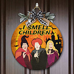 I Smell Children Funny Decorative Circle Wooden Door Sign - Hocus Pocus Front Porch Signs Indoor Outdoor Decor Halloween Decorations