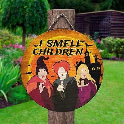 Alternative view of I Smell Children Funny Decorative Circle Wooden Door Sign - Hocus Pocus Front Porch Signs Indoor Outdoor Decor Halloween Decorations