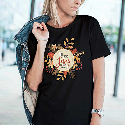 Alternative view of Fall For Jesus He Never Leaves T-Shirt - Jesus Autumn Leaves T-Shirt