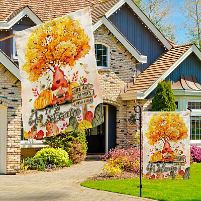 Alternative view of Welcome to Our Pumpkin Patch Hello Fall Gnome Garden Flag - House Flag - Wall Flag