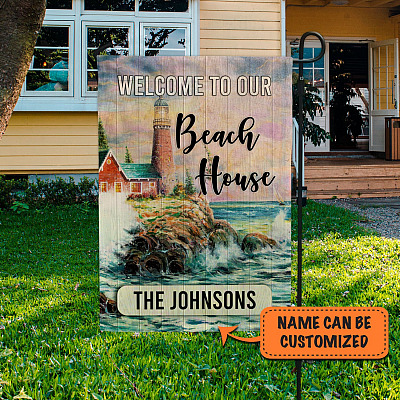 Personalized Family Name Welcome to Our Beach House House Flag - Summer Beach House Garden Flag