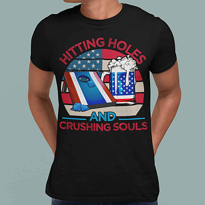 Alternative view of American Flag Hitting Holes and Crushing Souls Vintage T-Shirt - Funny Cornhole Shirt