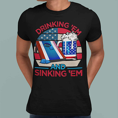 Alternative view of American Flag Drinking 'Em and Sinking 'Em Vintage T-Shirt - Funny Cornhole Shirt