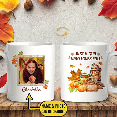 Alternative view of Personalized Custom Photo Just A Girl Who Loves Fall Coffee Mug - Custom Autumn Fall Travel Bottle