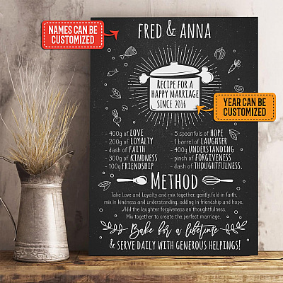 Personalized Couple's Name Recipe for a Happy Marriage Gallery Wrapped Framed Canvas Prints - Unframed Poster