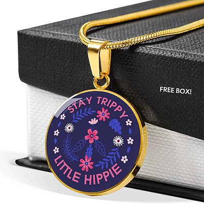 Stay Trippie Little Hippie Peace Sign Floral Circle Pendant Necklace