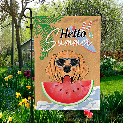 Hello Summer Watermelon Golden Retrieve Decorative Garden Flag - Indoor Outdoor Flag - House Flag