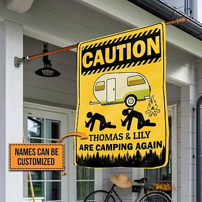 Personalized Names Caution Camping Again Decorative Garden Flag - Indoor Outdoor Flag - House Flag
